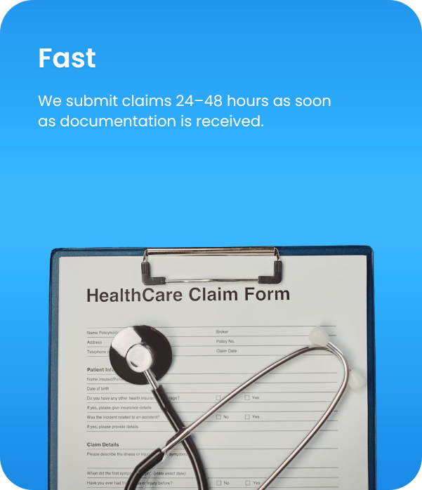 A healthcare claim form clipped to a portfolio with a stethoscope resting on it, set against a blue background. Text above mentions claims submission time frame.