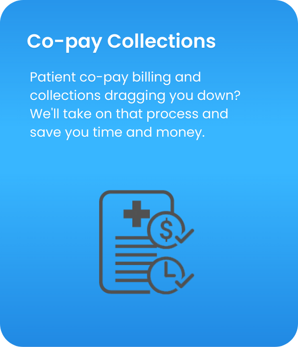 Blue informational graphic about co-pay collections, showing a document with a cross, dollar sign, and clock icons with check marks, emphasizing simplified patient billing and collections.