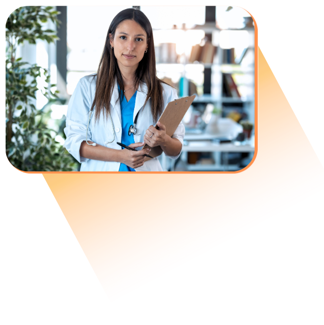 A female healthcare professional holding a clipboard and pen, wearing a white coat and stethoscope, standing in a bright medical or office setting.