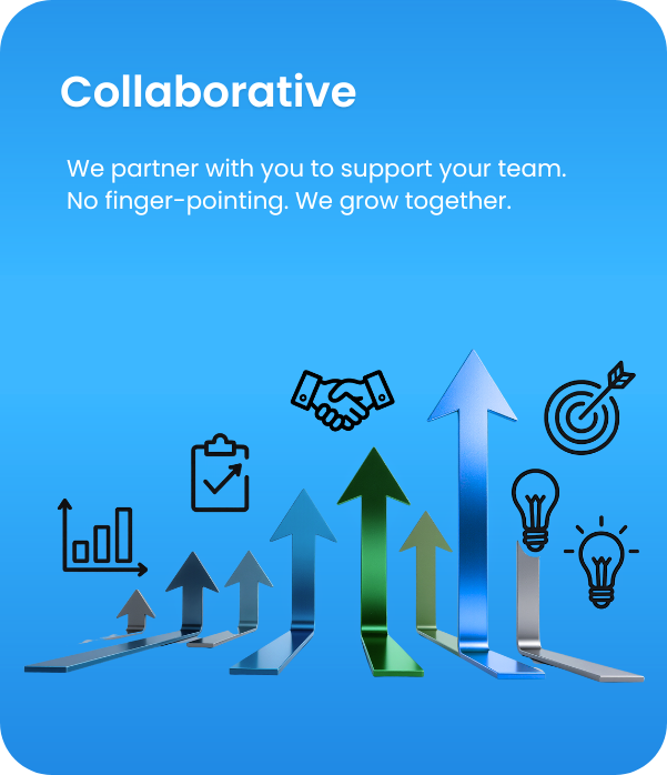 Graphic with upward arrows representing growth, icons of a bar chart, checklist, handshake, target with arrow, and light bulbs, and text about collaboration and supporting teams.