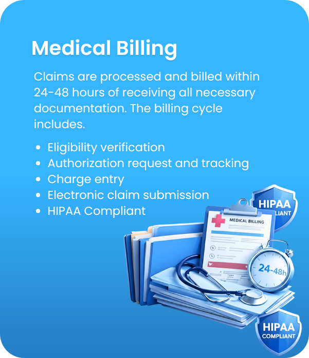 Blue background with text about medical billing process, including eligibility, authorization, charge entry, electronic claims, and HIPAA compliance, alongside a stack of files, a stethoscope, a clock indicating 24-48 hours, and two HIPAA shields.