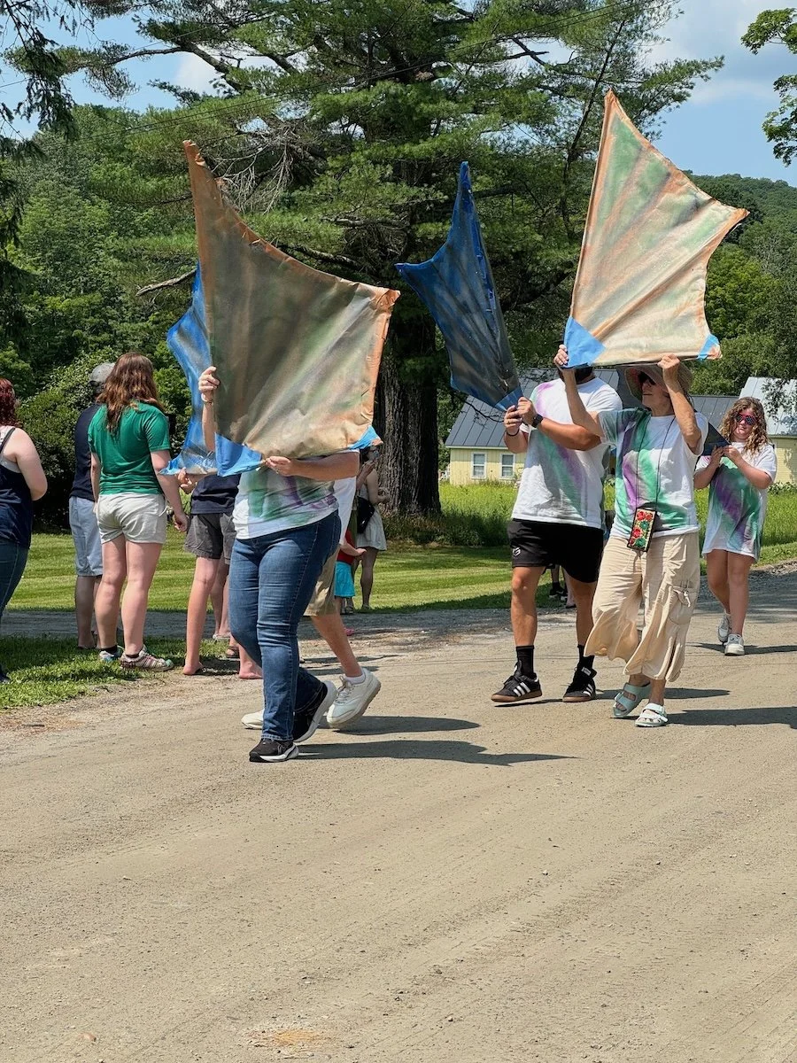 People walking outdoors holding large fabric flags, with trees and a house in the background.