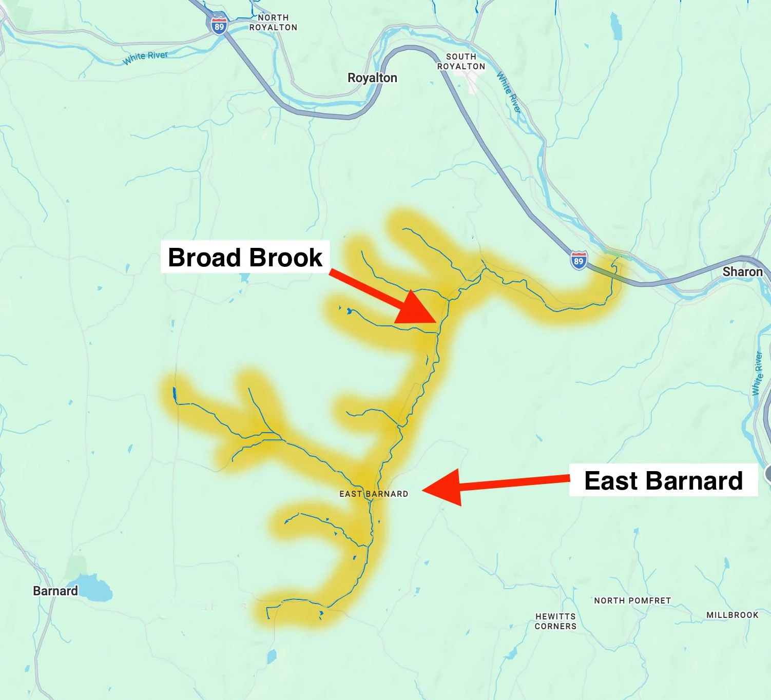 Map showing the Broad Brook and East Barnard areas with highlighted streams and geographic features. Broad Brook is labeled near the center with an arrow pointing to its location. East Barnard is labeled toward the bottom with an arrow pointing to it. The map includes nearby towns, roads, and rivers, with the vicinity of Royalton and Sharon also visible.