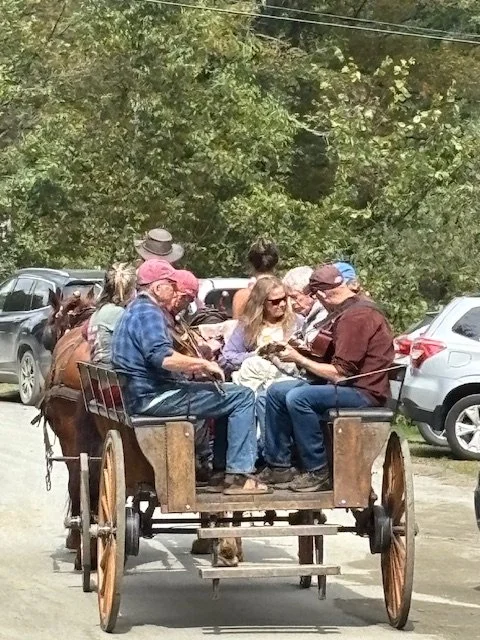Group of people sitting on an old-fashioned horse-drawn carriage in a parking lot, with trees and parked cars in the background.