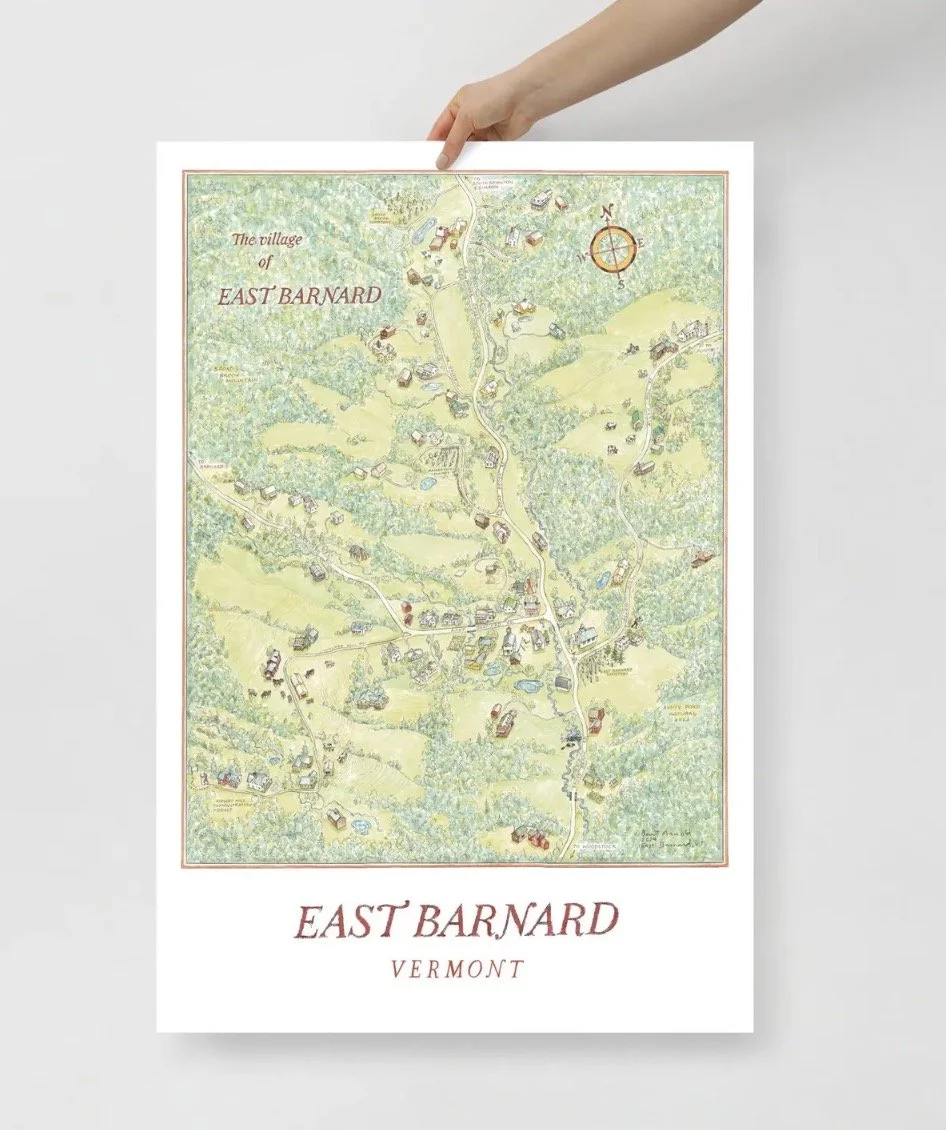 Map of East Barnard, Vermont, showing roads, buildings, and natural features, held by a person.