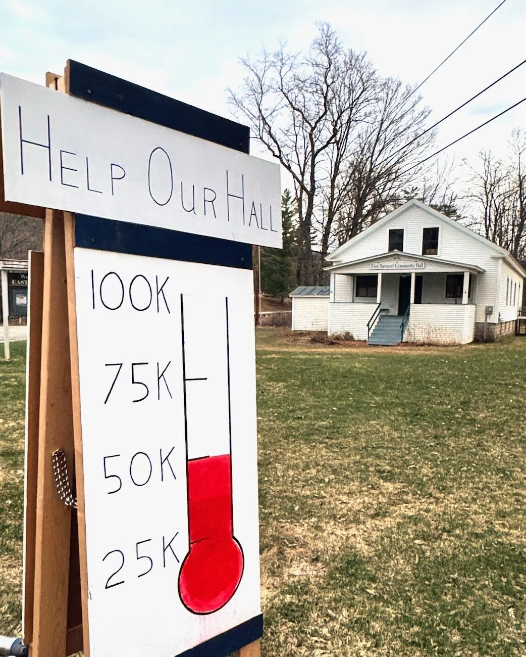 A protest sign in front of a white house reads 'Help Our Hall' and has a thermometer graphic showing a red level indicating a high number of votes or donations, with numbers 25K, 50K, 75K, and 100K.
