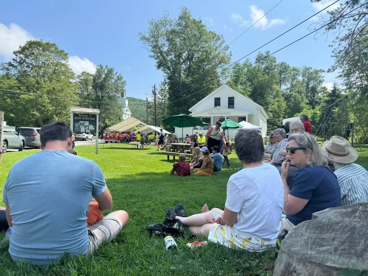 People sitting on the grass at an outdoor community event on a sunny day, with tents, umbrellas, and a house in the background.