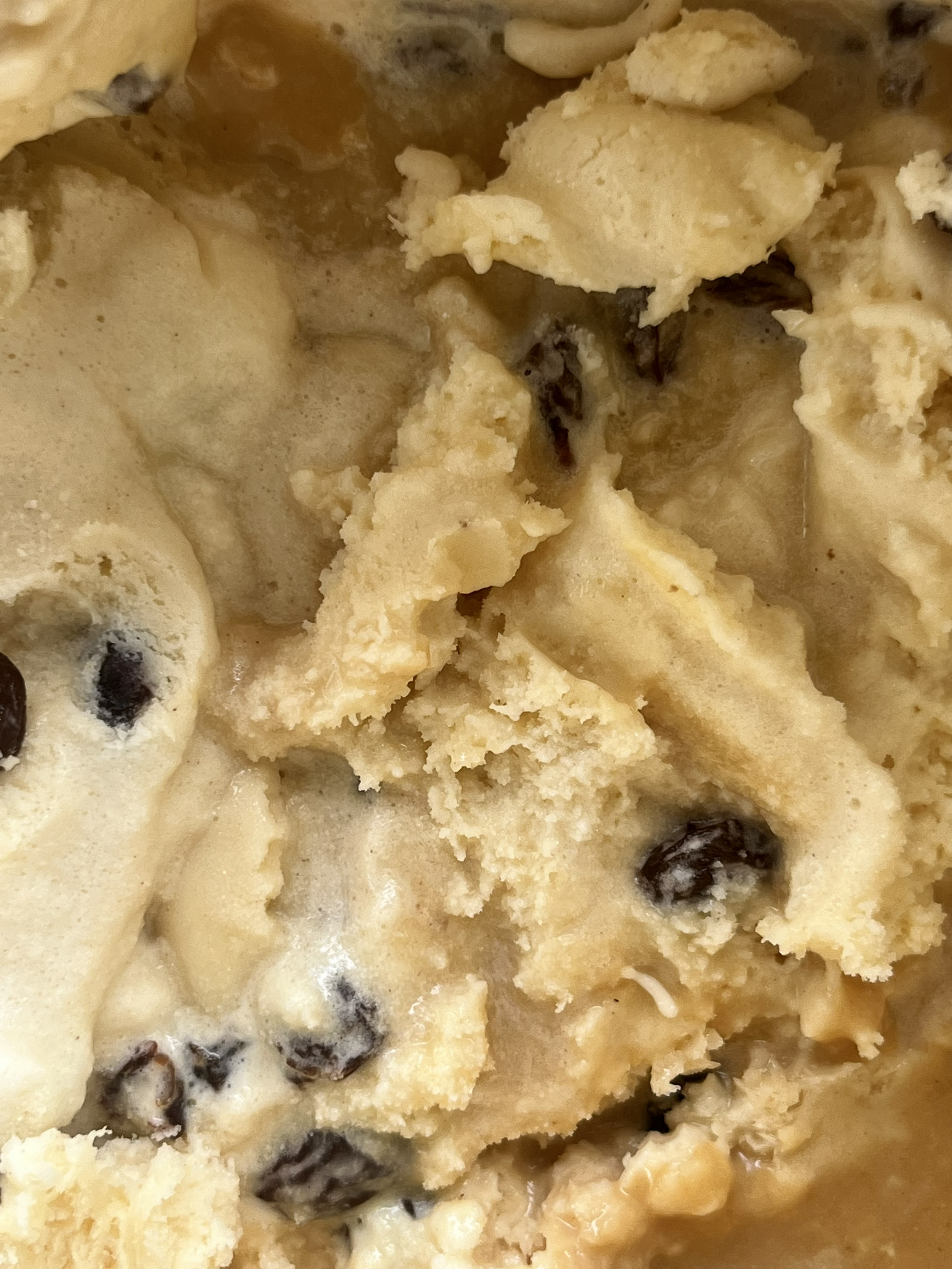 Close-up image of oatmeal ice cream and chunks of rum raisins