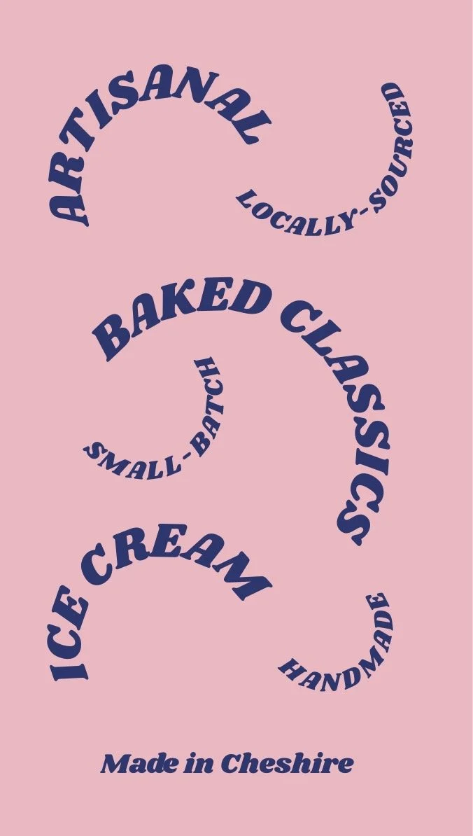 Pink background with blue text forming the shape of a dollar sign, promoting artisanal, locally-sourced, handmade ice cream made in Cheshire.