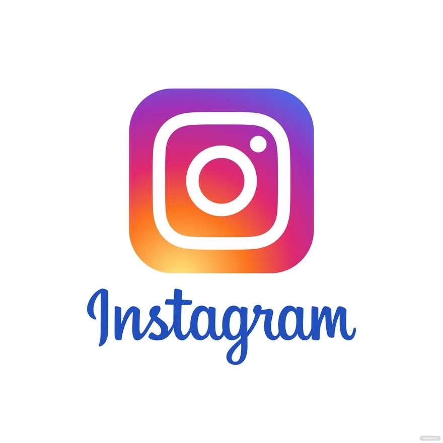 Instagram logo with colorful gradient and the word 'Instagram' written in blue cursive underneath.