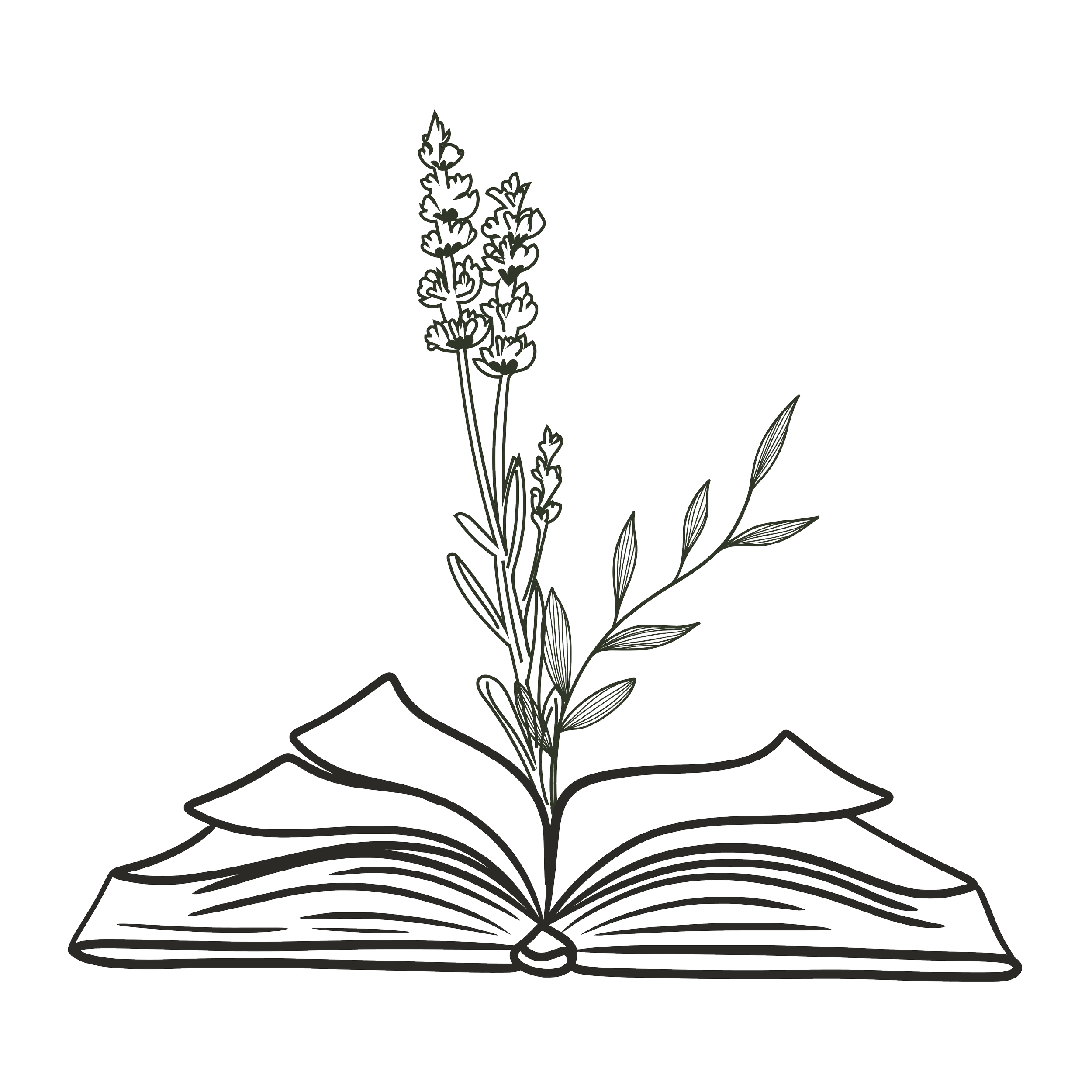 A black and white illustration of an open book with a sprig of lavender and leaves growing from its center.