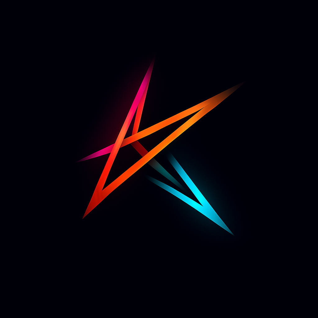 Colorful neon star with sharp, angular lines on a black background.