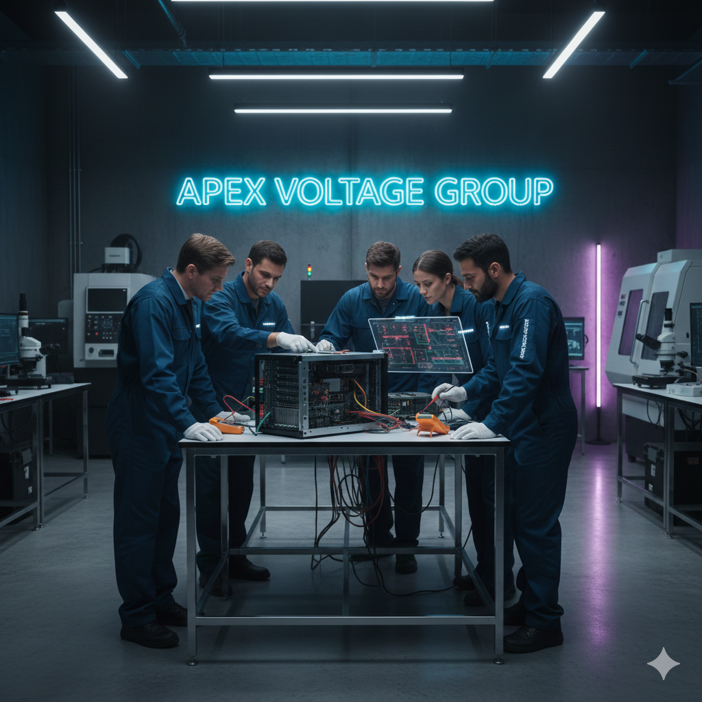 A group of five technicians working on electronic equipment in a lab with a neon sign that reads 'APEX Voltage Group' in the background.