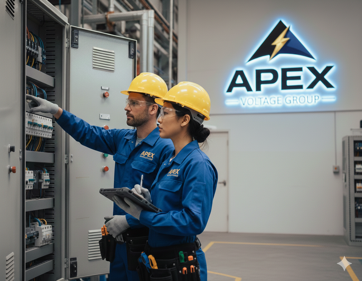 Two electrical technicians, wearing blue uniforms and yellow safety helmets, are working on an electrical panel in a data center or industrial facility. One technician is pointing at the panel while the other is holding a clipboard.
