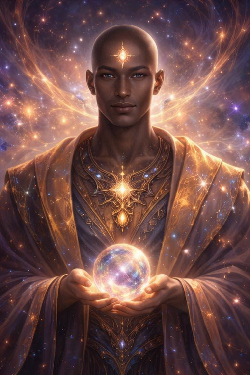 A mystical, humanoid figure with dark skin, bald head, and glowing symbols on forehead and chest, holding a glowing orb of light surrounded by cosmic energy.
