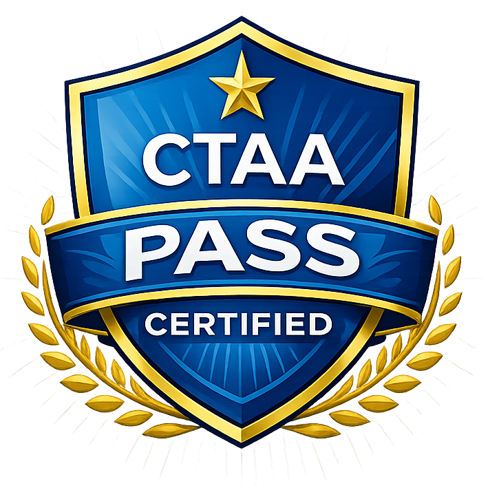 A badge with a blue shield design, gold laurel wreath, and the text "CTAA PASS CERTIFIED" in white and blue lettering.