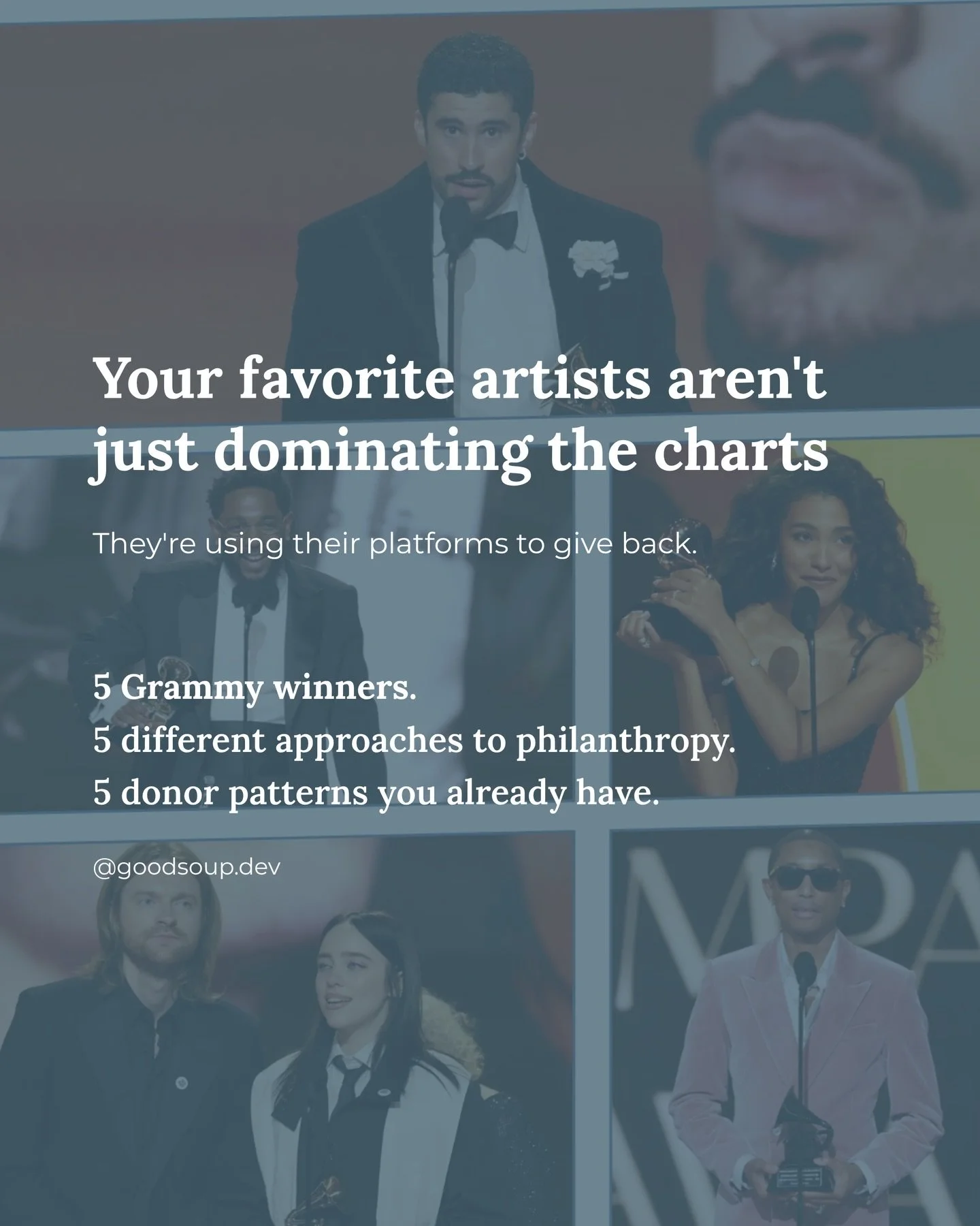 Your favorite artists aren&rsquo;t just dominating the charts, they&rsquo;re using their platforms to give back.

Bad Bunny shows up every year. Kendrick moves in silence. Billie built it into her income at 23. Olivia started with $1/ticket at 25. Ph