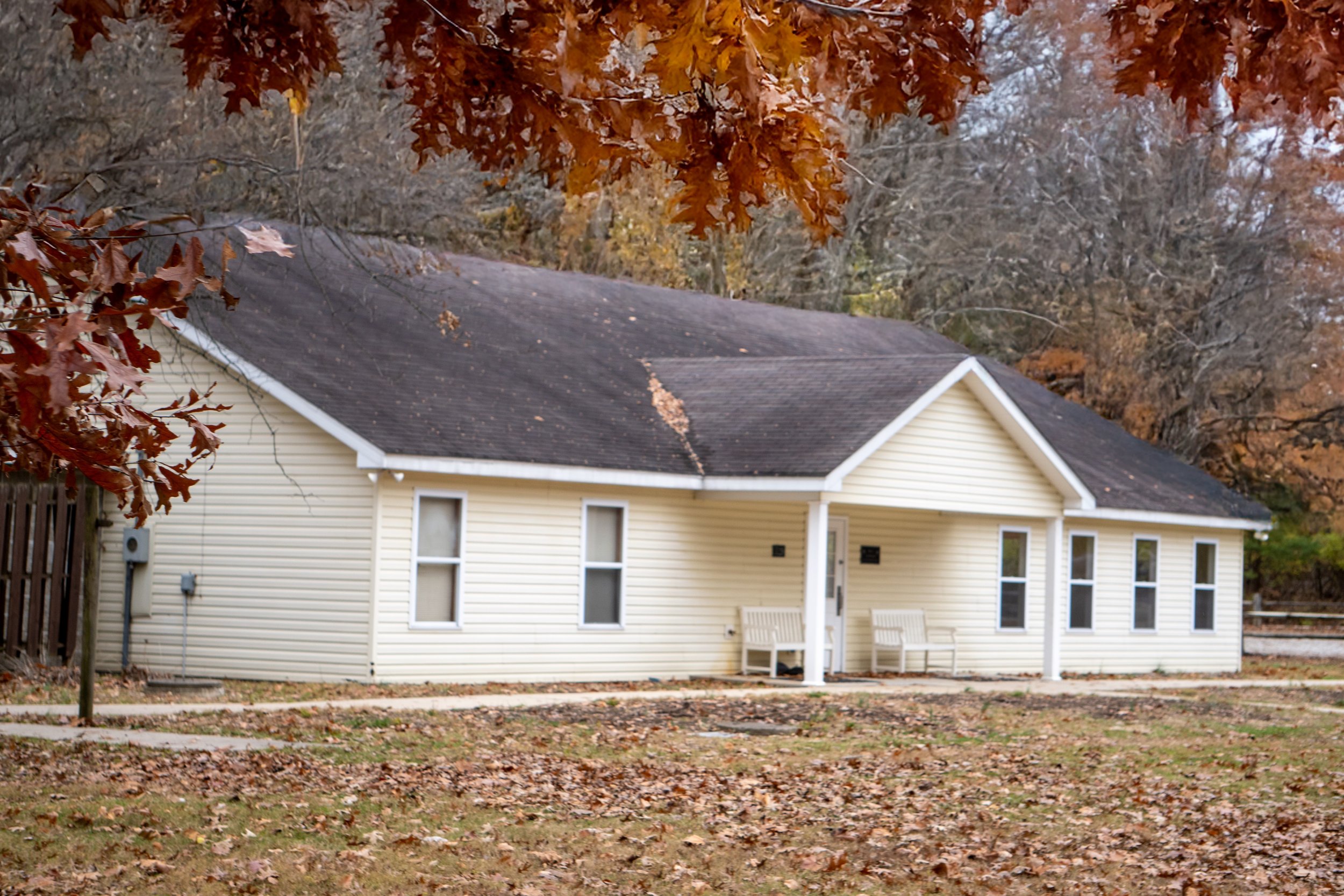 Single-story house with cream siding and a dark shingled roof, surrounded by fallen autumn leaves and trees with orange and brown foliage.
