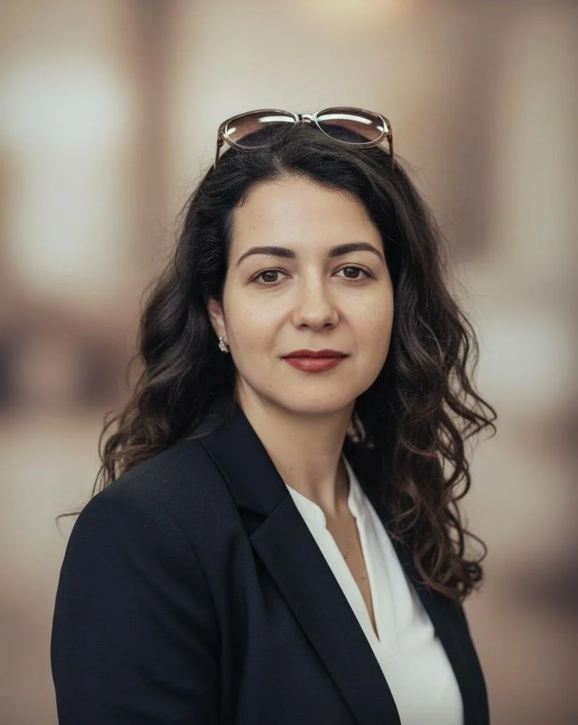 A woman with dark, curly hair wearing a navy blazer and white blouse, with sunglasses resting on her head, standing in a professional setting with a blurred background.