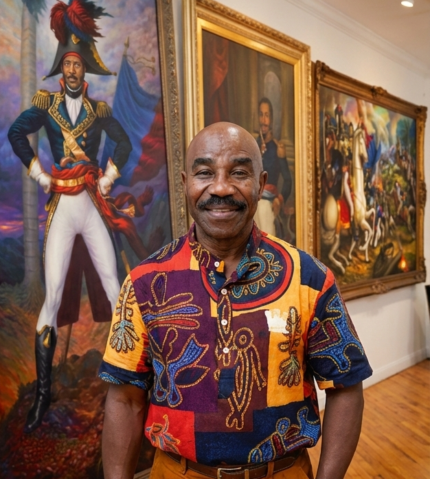 A smiling man standing in an art gallery with large, colorful paintings featuring historical and military themes behind him.