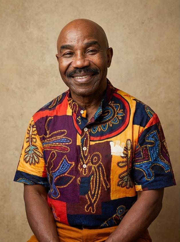 Portrait of an older man with a bald head and a mustache, smiling, wearing a colorful African print shirt, against a beige background.