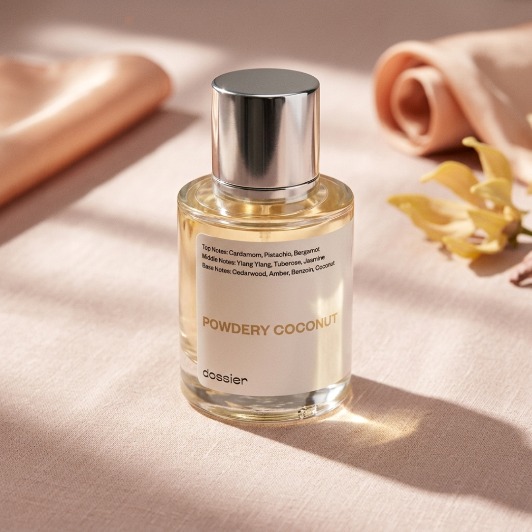 A bottle of Dossier Powdery Coconut fragrance with a silver metallic cap. The label lists top notes of cardamom, pistachio, and bergamot. It is placed on a beige linen fabric next to a delicate yellow flower and a silk ribbon.
