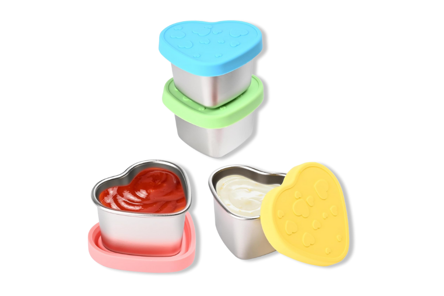 BooMetCheer 4 Pcs Heart-Shaped Salad Dressing Container to go, 2.1 Oz Stainless Steel Small Condiment Containers with Lids, Reusable Meal Prep Sauce Cups for Lunch Bento Box, Work, Picnic (4)