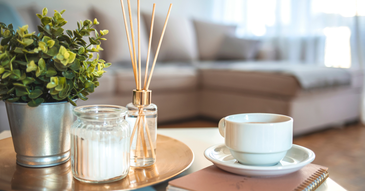 A living room with a white sofa and a coffee table. On the table, there is a potted green plant, a scented candle in a glass jar, a reed diffuser, a white coffee cup on a saucer, and a closed notebook.