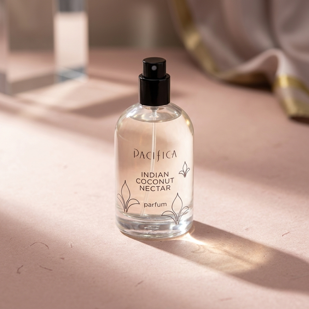 A round glass bottle of Pacifica Indian Coconut Nectar Parfum with a black spray nozzle. The bottle is centered on a light pink background.