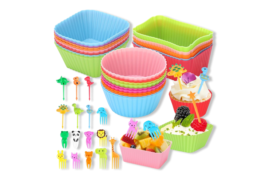 SEANSDA 70 Pcs Silicone Lunch Box Dividers Set, Thicked Silicone Cupcake Liners for Baking, Reusable Lunch Bento Box Accessories with Animal Food Picks for Kids (20 Cupcake Cup + 50 Picks)
