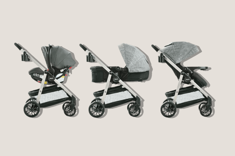 A versatile Graco 3-in-1 modular travel system shown in three stages: infant car seat carrier, cozy bassinet, and toddler stroller. A sleek, grey, and functional must-have for modern parents.