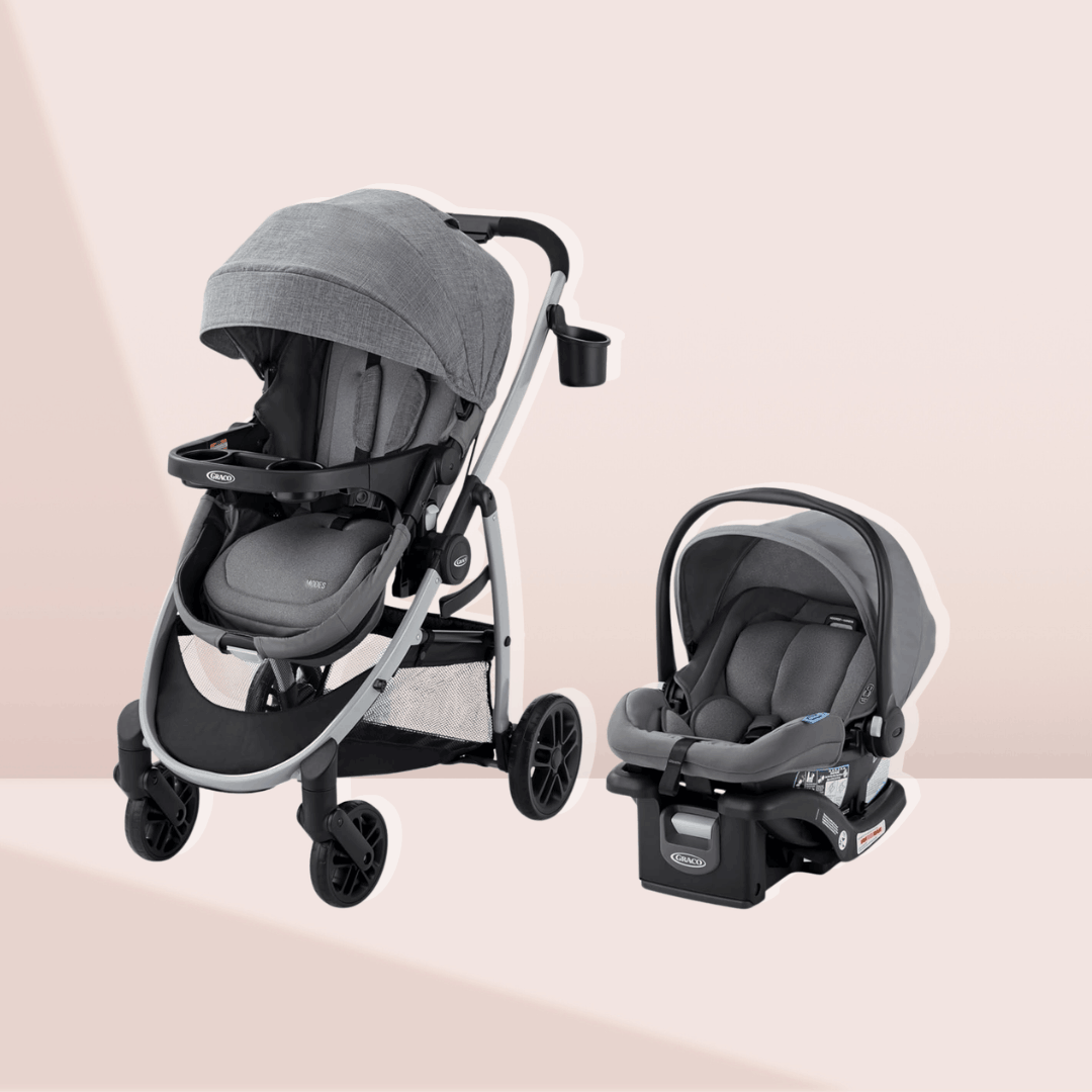 raco Modes Pramette Travel System featuring a grey convertible stroller and matching infant car seat, perfect for a practical baby travel registry.