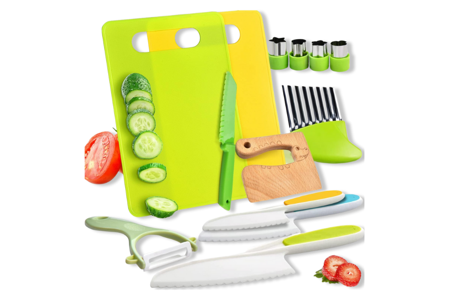 13 Pieces Montessori Kitchen Toys for Toddlers-Kids Cooking Sets Real-Toddler Toys Set for Real Cooking with Plastic Children Safe Knives Crinkle Cutter Kids Cutting Board