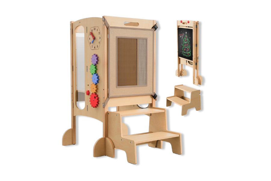 JUZBOT Toddler Tower Foldable Toddler Kitchen Stool Helper with 2 Step Stool, Safety Net, Adjustable Height, Chalk-Whiteboard& Montessori Activity