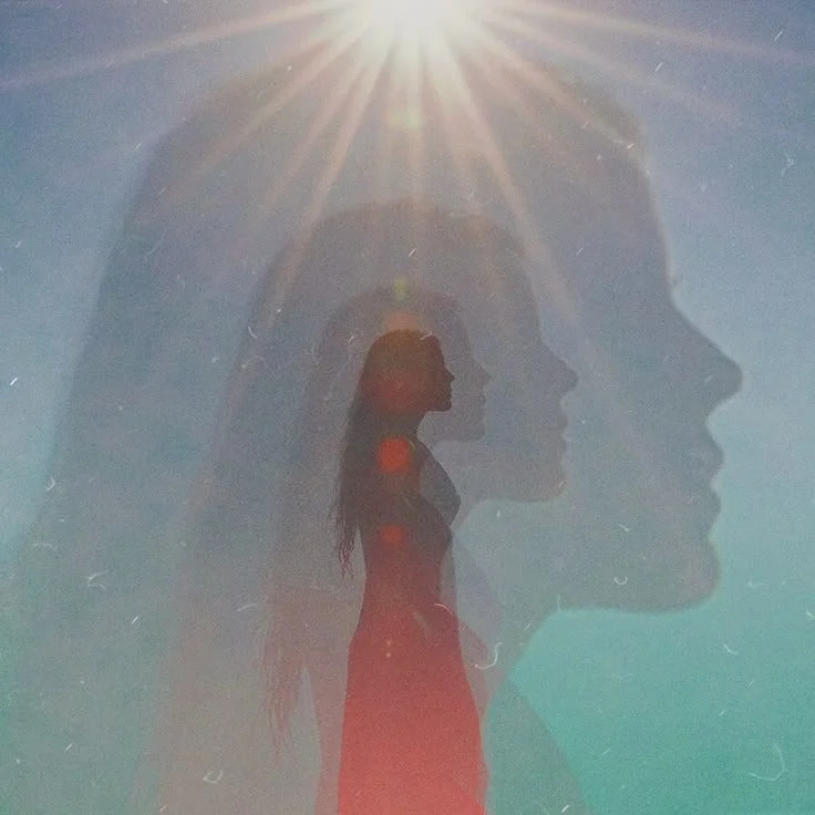 Double exposure image of a woman's silhouette and multiple profiles of her face against a bright sky with sun rays.