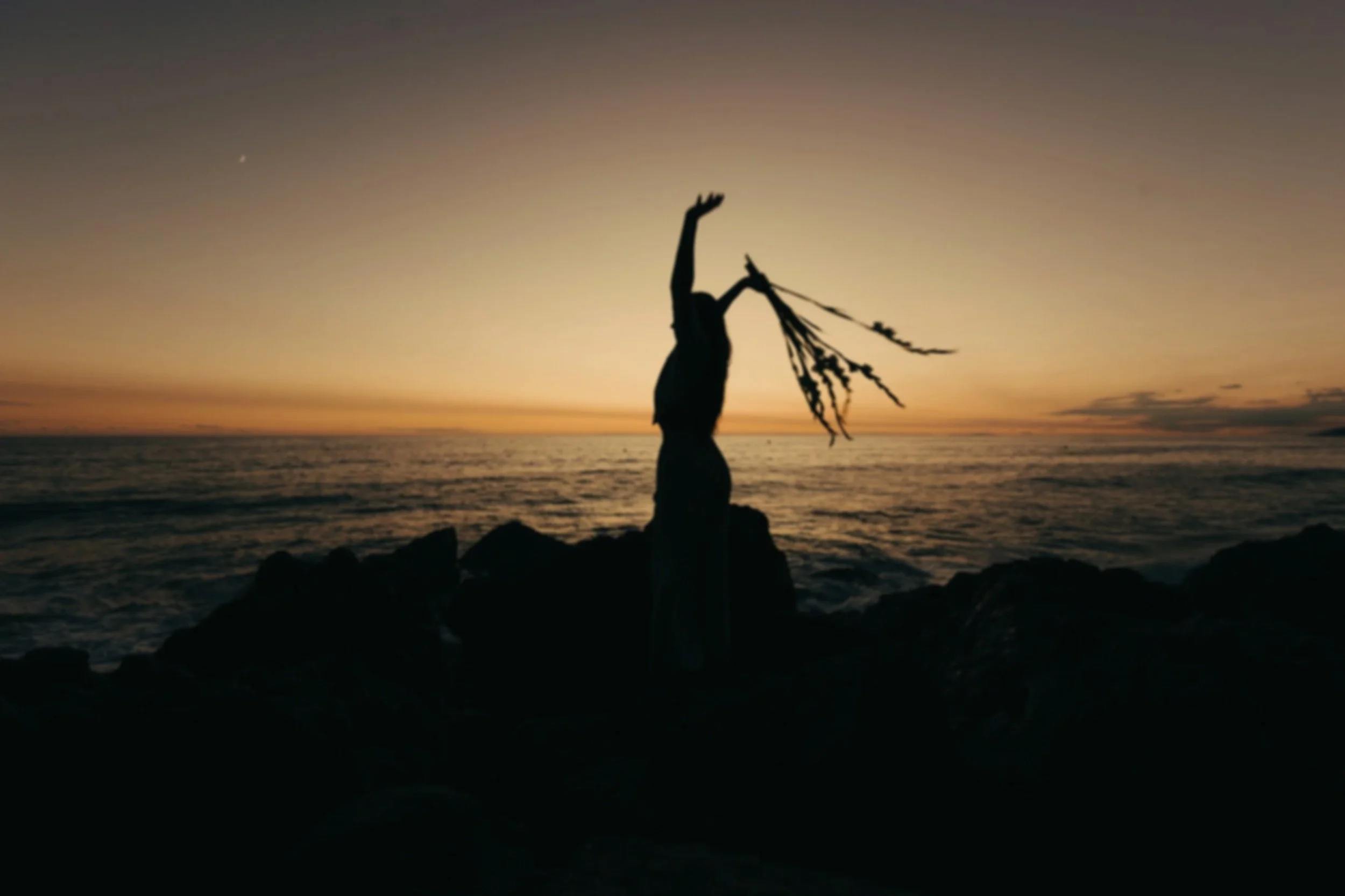 Silhouette of a person with long hair standing on rocks near the ocean against a sunset or sunrise sky.