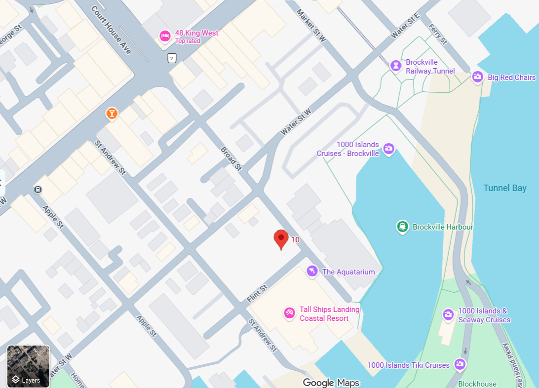 Google Maps view of downtown Brockville, Ontario, showing the waterfront, Brockville Harbour, Tunnel Bay, and nearby attractions.