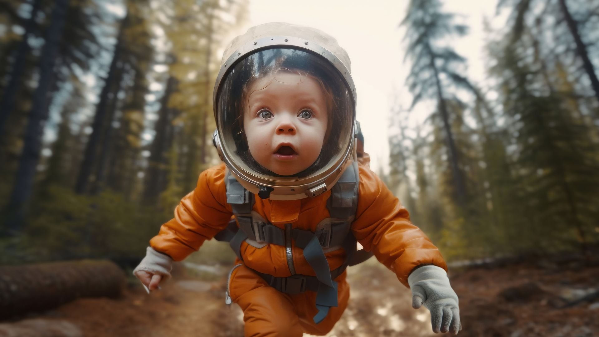 Jeune enfant courant avec casque d’astronaute et combinaison orange devant une forêt, illustrant la méditation Mission du petit explorateur de Petit et Zen pour partir à l’aventure et éveiller la curiosité.