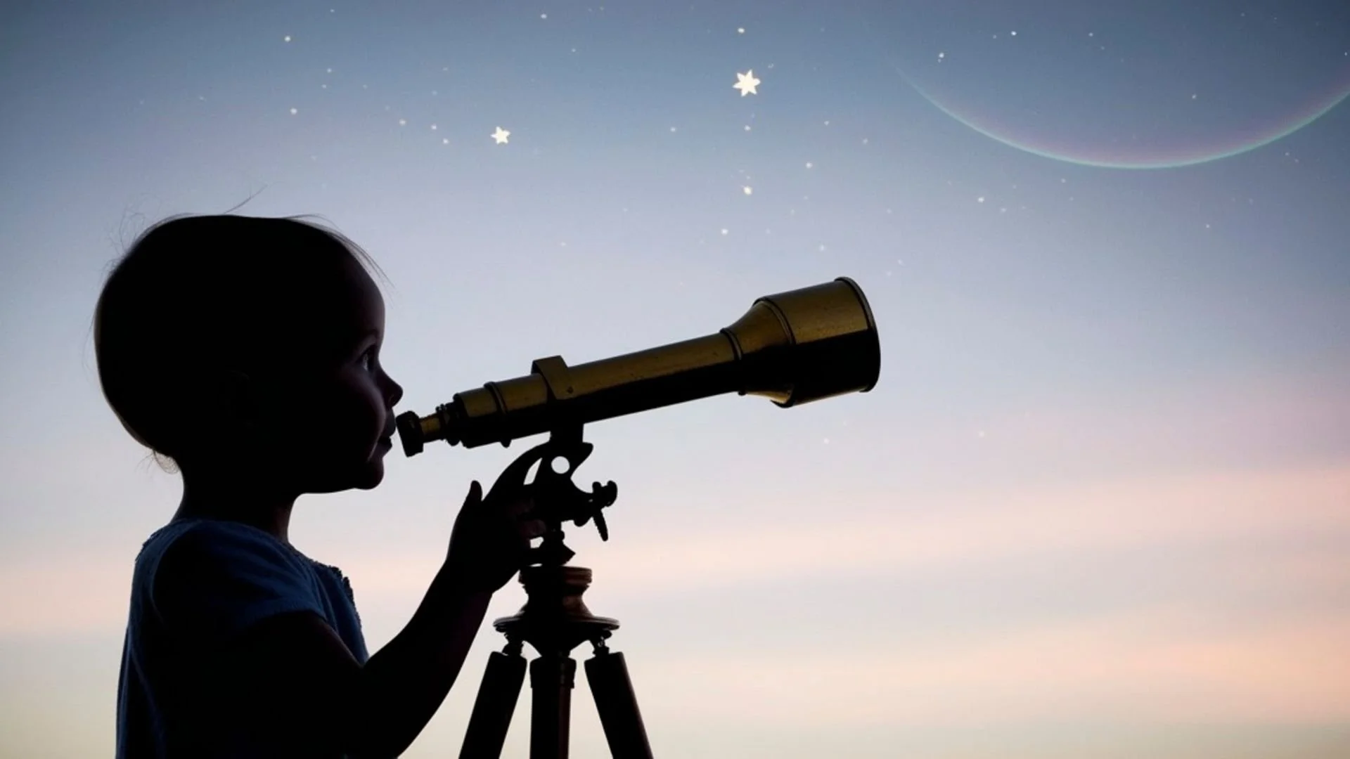Jeune enfant regardant un ciel bleu pâle avec un télescope et quelques étoiles blanches, illustrant la méditation Petite étoile voyageuse pour enfants, pour transformer la respiration en jeu et laisser briller sa lumière.