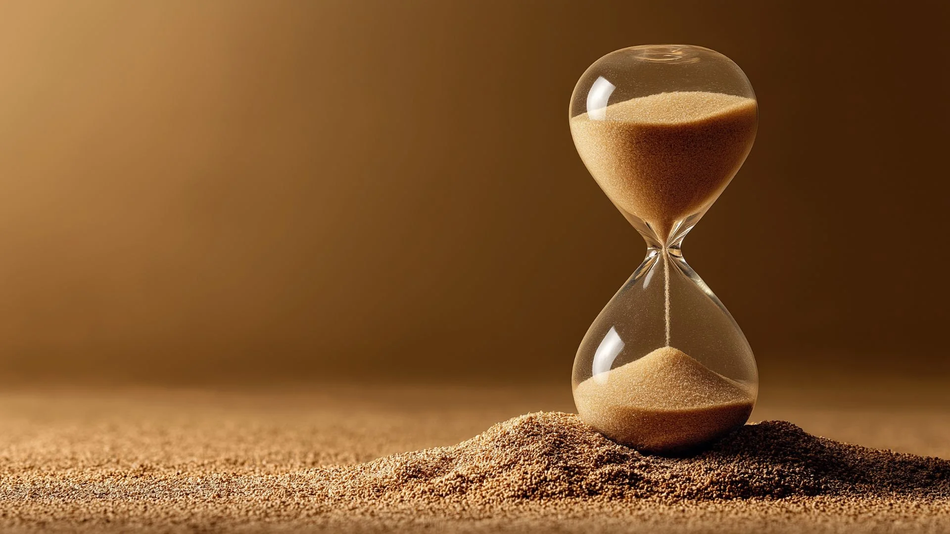 Sablier en verre transparent à moitié rempli sur une petite montagne de sable beige, illustrant la méditation Sablier du lâcher-prise, une pratique de visualisation et relaxation pour alléger le mental, relâcher les tensions et retrouver la légèreté.