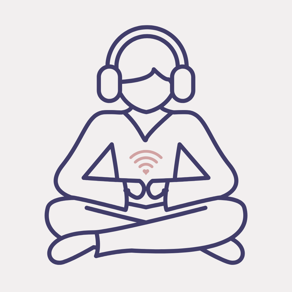 Logo de l'image de marque de IZAA Méditation & Guidance (aussi recherché comme izaamedite, illustré par un bonhomme bleu assis en indien avec écouteurs sur la tête et un signe de Wi-Fi rose sur la poitrine.