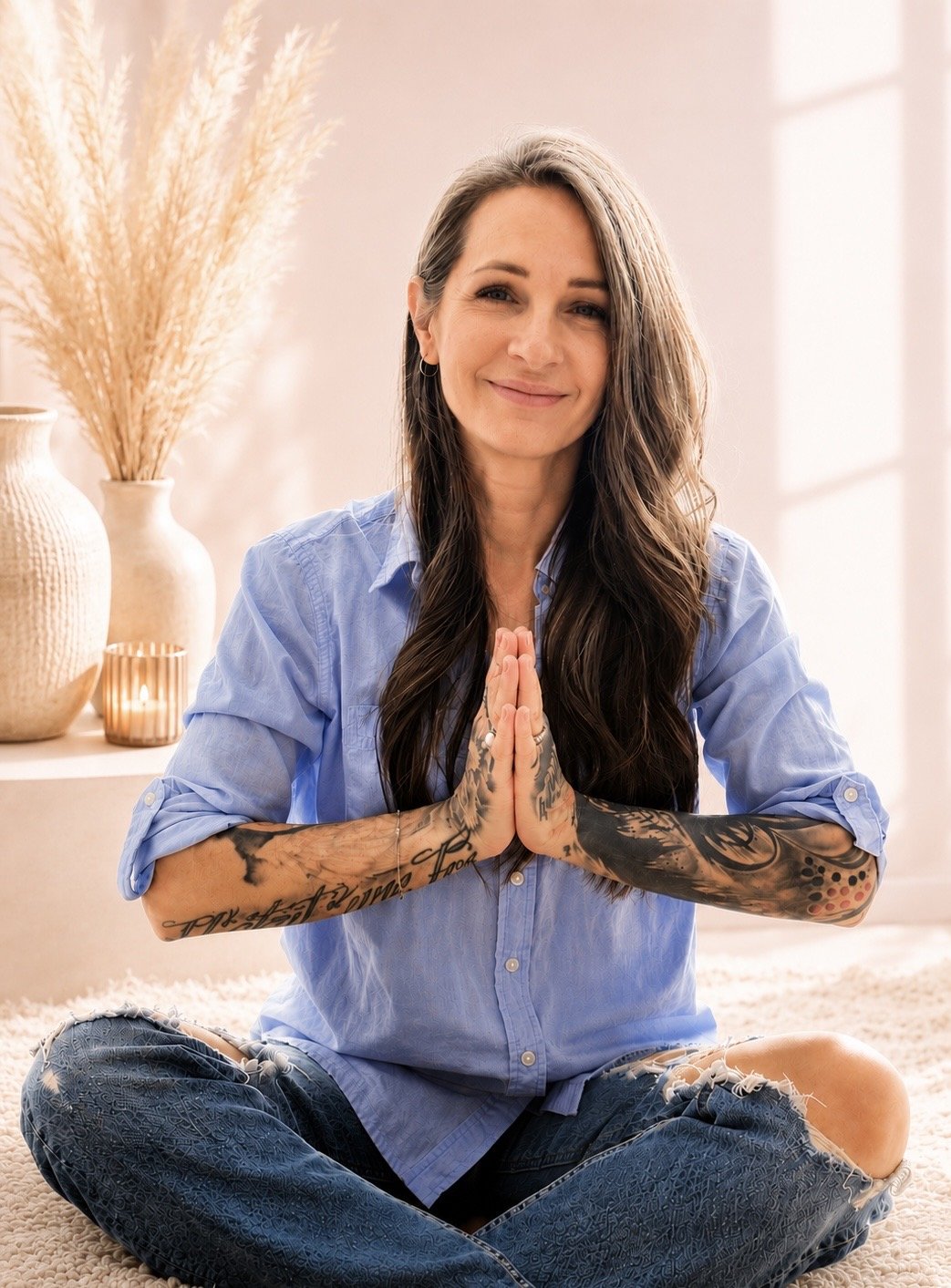 Isabelle Arnold la créatrice de izaamedit parfois écrit isamedite, assise en position de méditation mains en prière avec un sourire chaleureux.