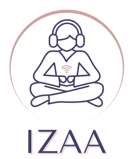 Icône d'une personne assise en position de méditation avec un casque et une synchro Wi-Fi sur la poitrine, et le texte "IZAA" en dessous.