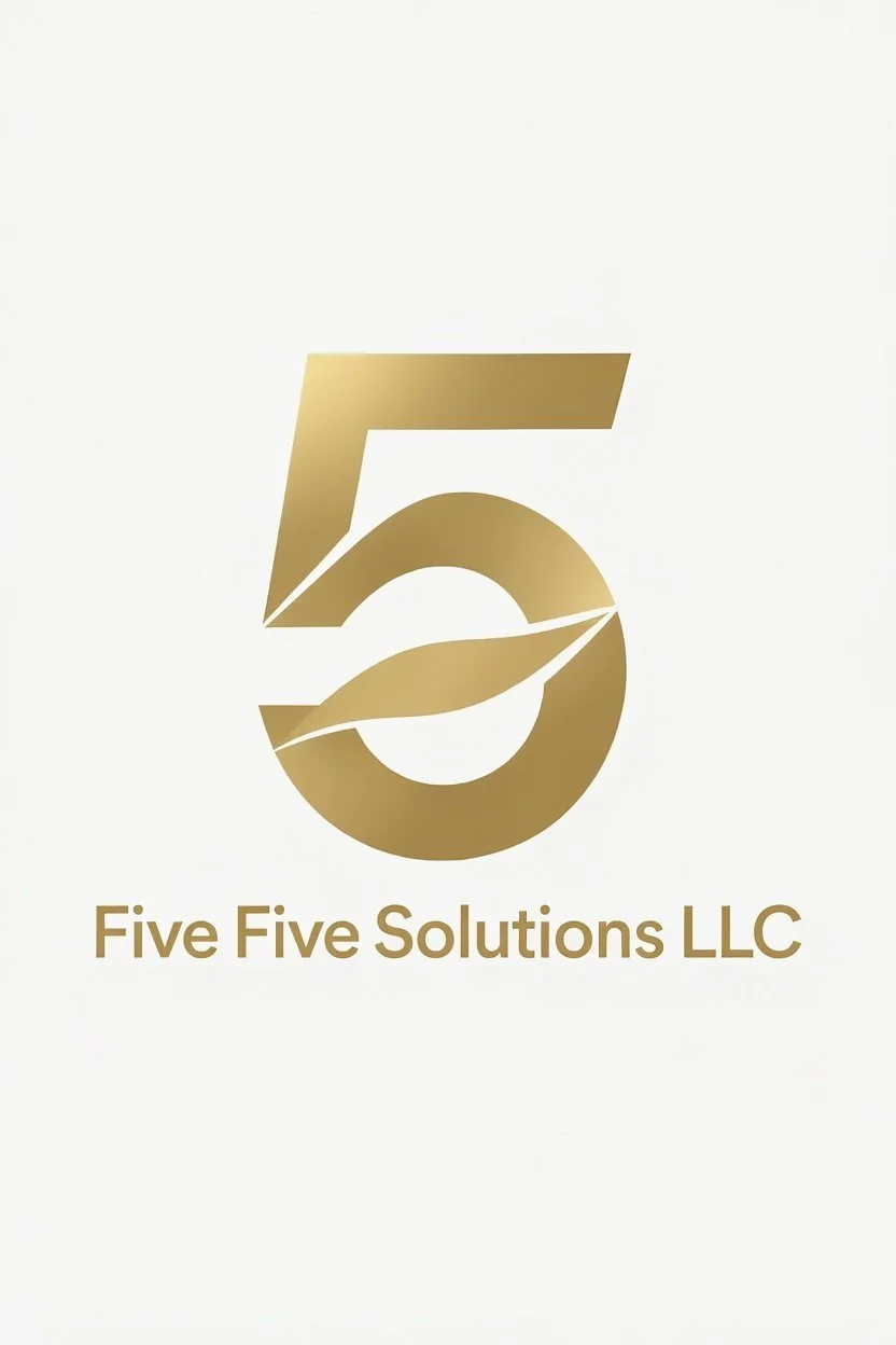 Gold logo of the number 5 with leaf design, below text reads 'Five Five Solutions LLC' in gold on a white background.
