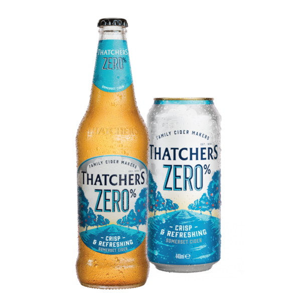 A bottle and a can of Thatcher's Zero cider, with a label indicating it is alcohol-free, featuring a blue and white design with trees and a landscape scene.