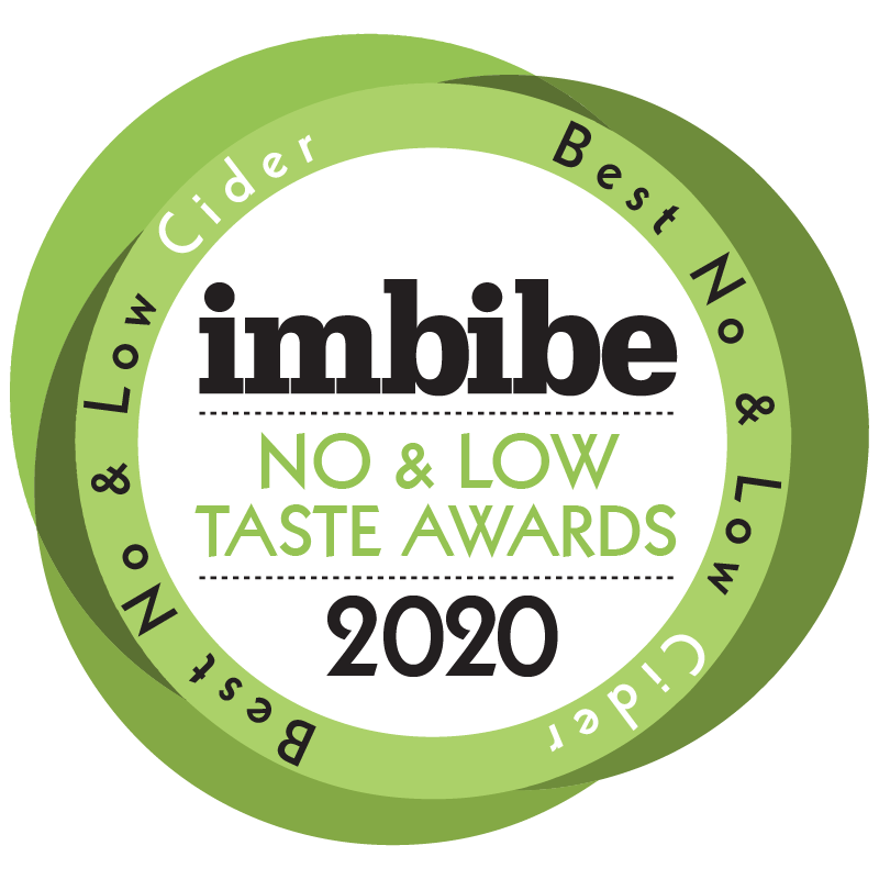 A circular badge with a green outer ring and white center. The badge reads: "imbibe NO & LOW TASTE AWARDS 2020," with additional text around the outer ring that says: "Best No & Low," "Cider," "Beer & Low Cider," and "Best No & Low Cider."
