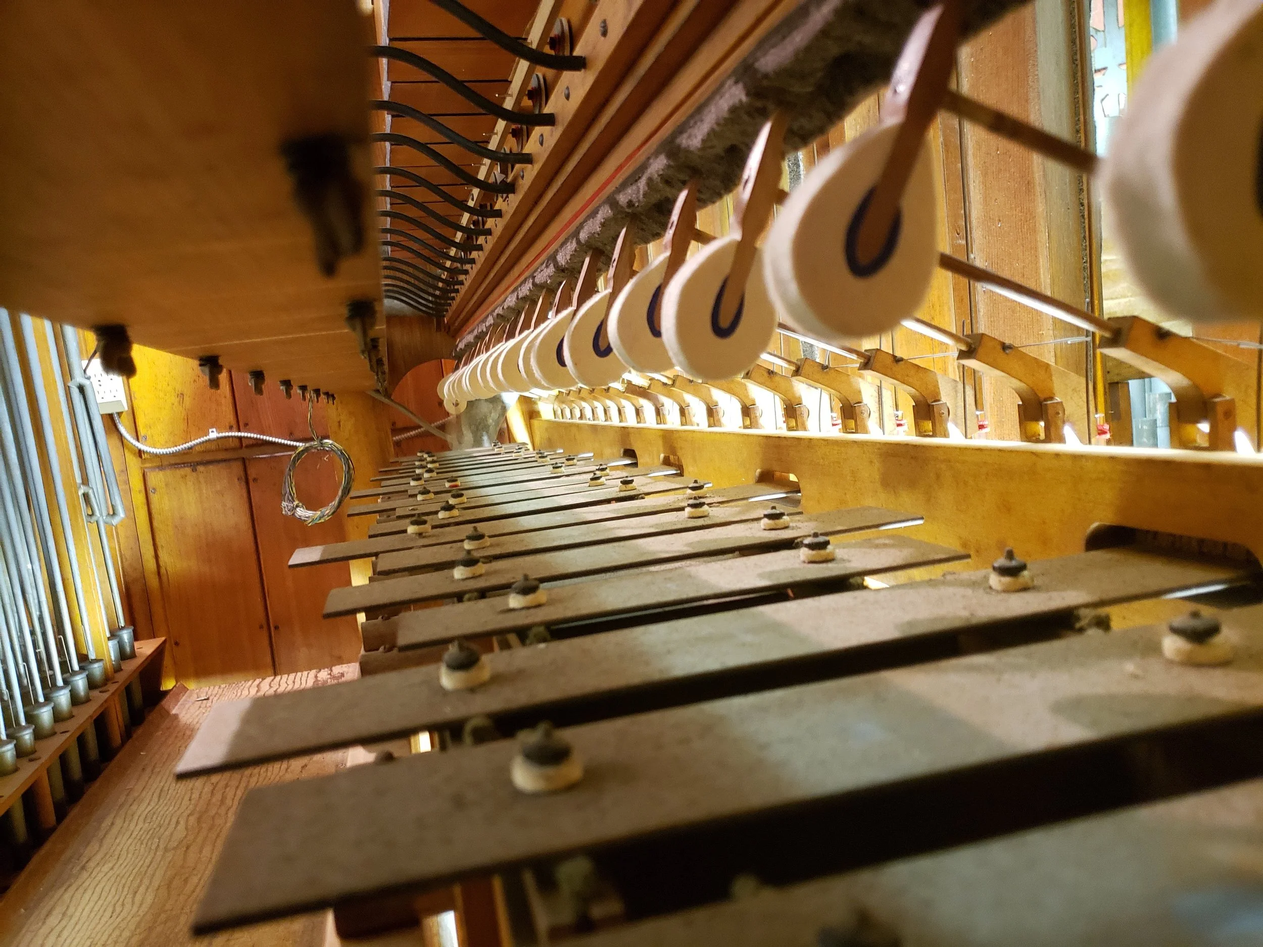 Close-up view of a piano harp with strings and tuning pins, viewed from underneath.