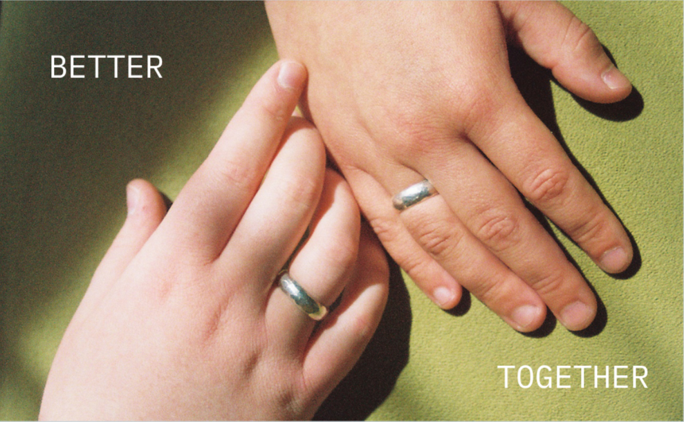 Two pairs of hands with wedding bands holding each other against a green background, with the words 'BETTER' and 'TOGETHER' written on the image.