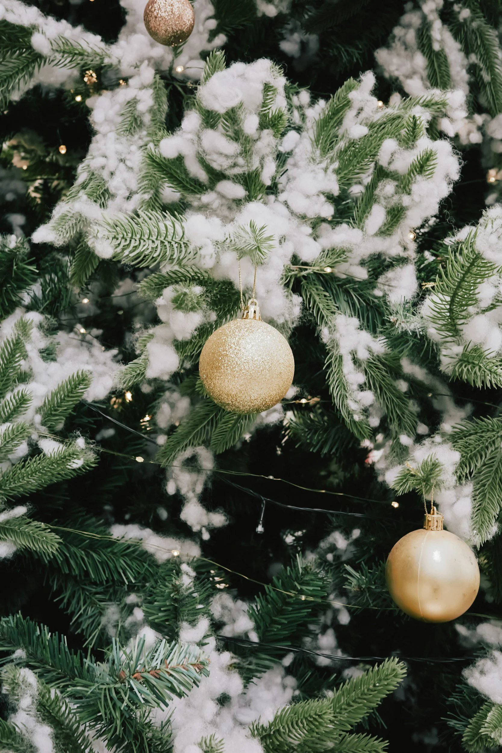Close-up of a Christmas tree decorated with gold ornaments and artificial snow on the branches.