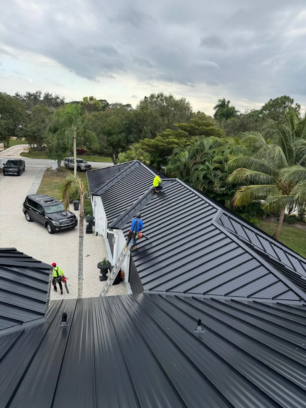 Construction workers installing or inspecting a black metal roof on a residential building with lush tropical trees in the background.
